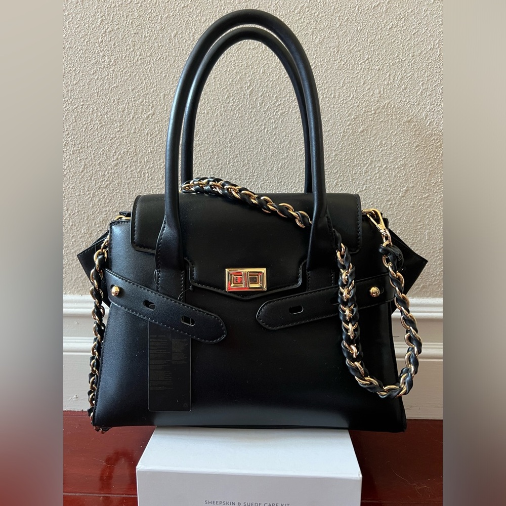 Faux Leather Flap Satchel Shoulder Bag Gold Chain